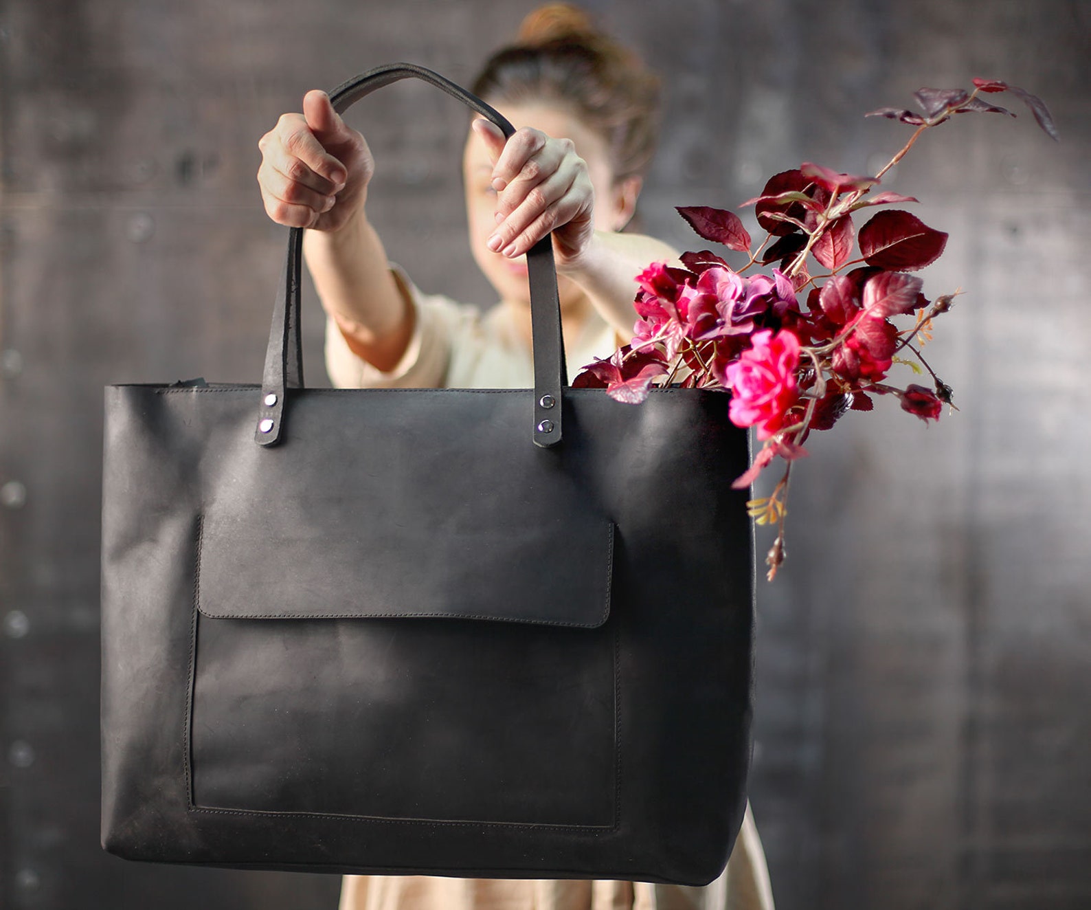 Extra Large Leather Tote, Laptop Bag Black, Leather Laptop Tote, Large