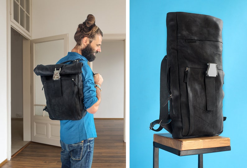 Leather rucksack, Roll top leather backpack with aircraft buckle by 79 street image 2