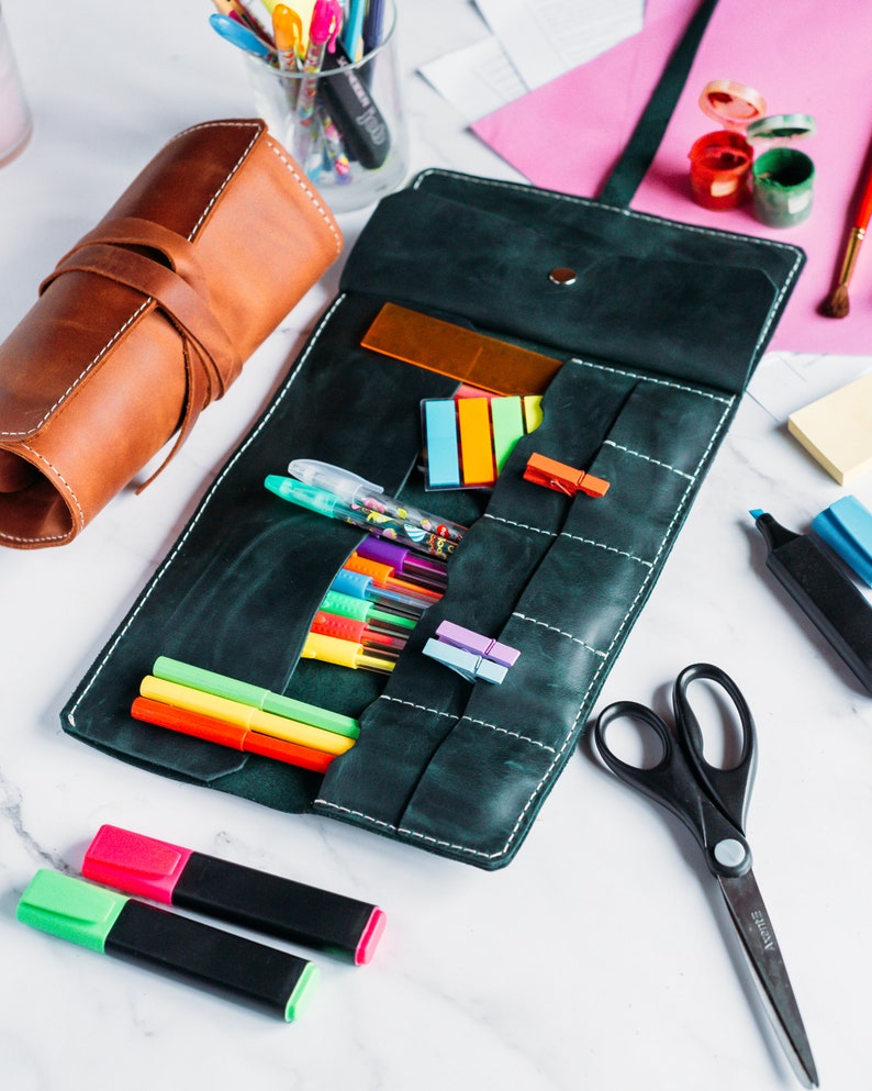 Leather pencil roll, Calligraphy set, Leather pen case image 7