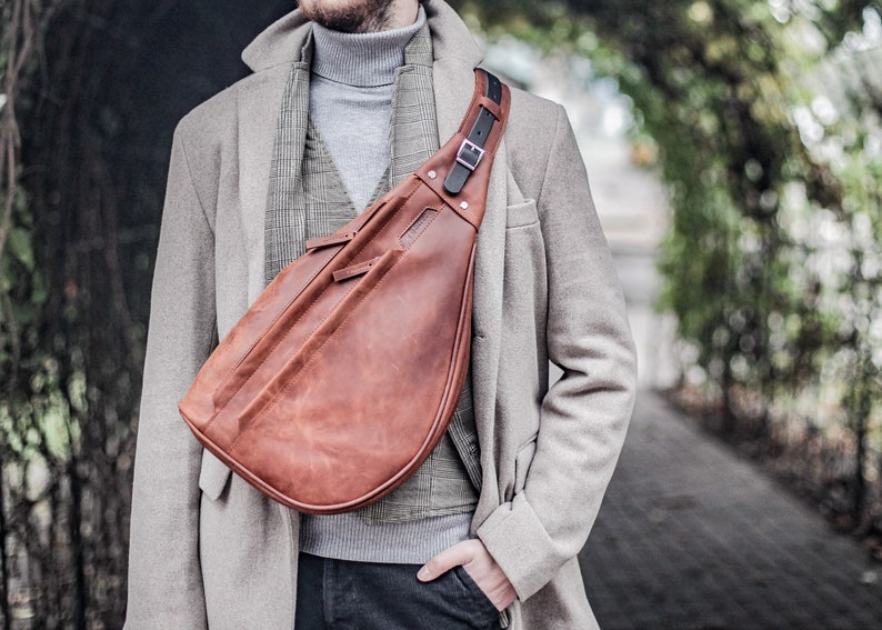 Ladies sling bag, chest bag, shoulder bag, brown leather sling image 5