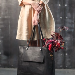 Extra Large Leather Tote, Laptop Bag Black, Leather Laptop Tote, Large designer tote bag for women image 8