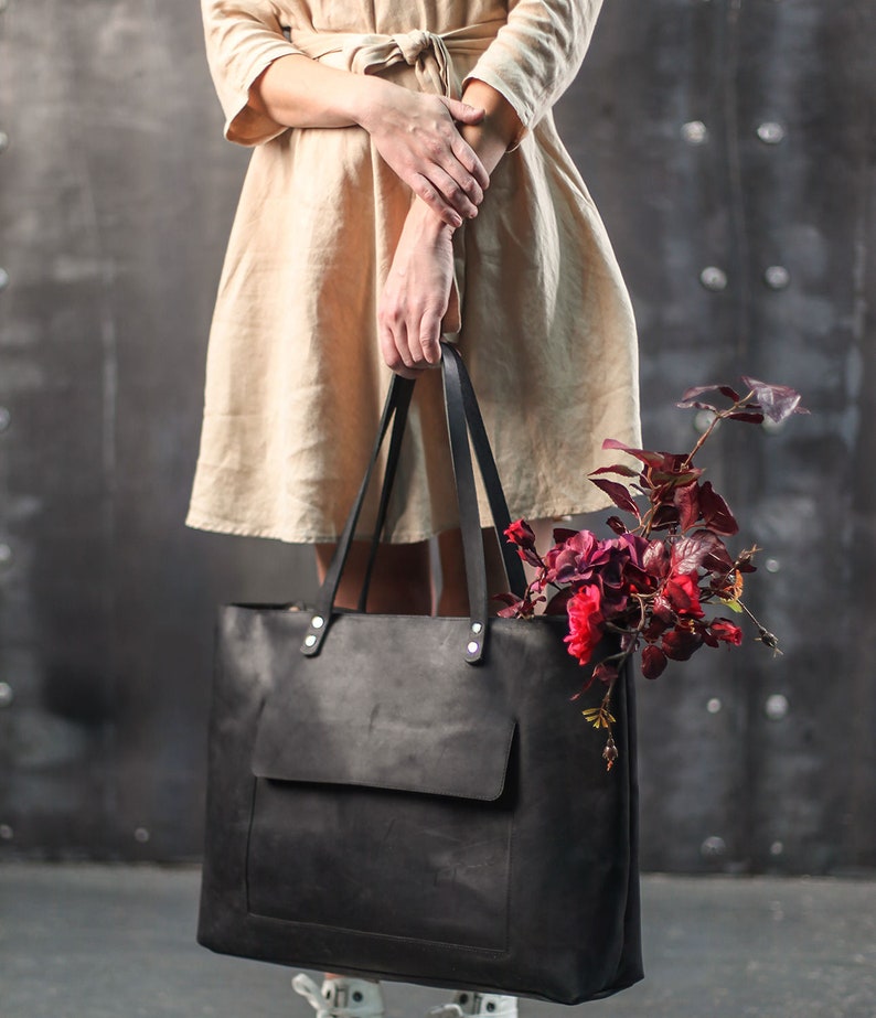 Extra LARGE Leather TOTE Bag With Pockets and ZIPPER / Black Etsy UK