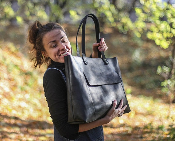 Extra Large Leather Tote Bag with Pockets and Zipper / Black Personalised Laptop Bag