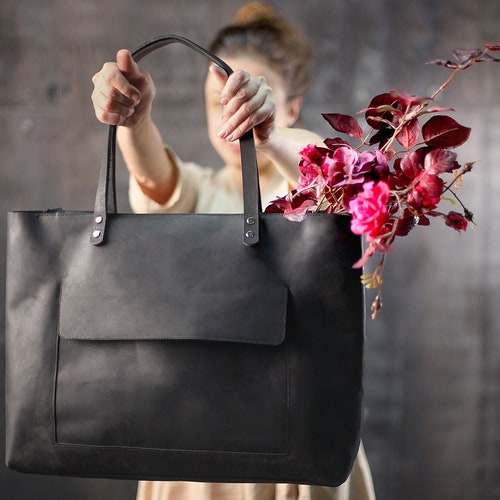 Extra Large Leather Tote Laptop Bag Black Leather Laptop Etsy
