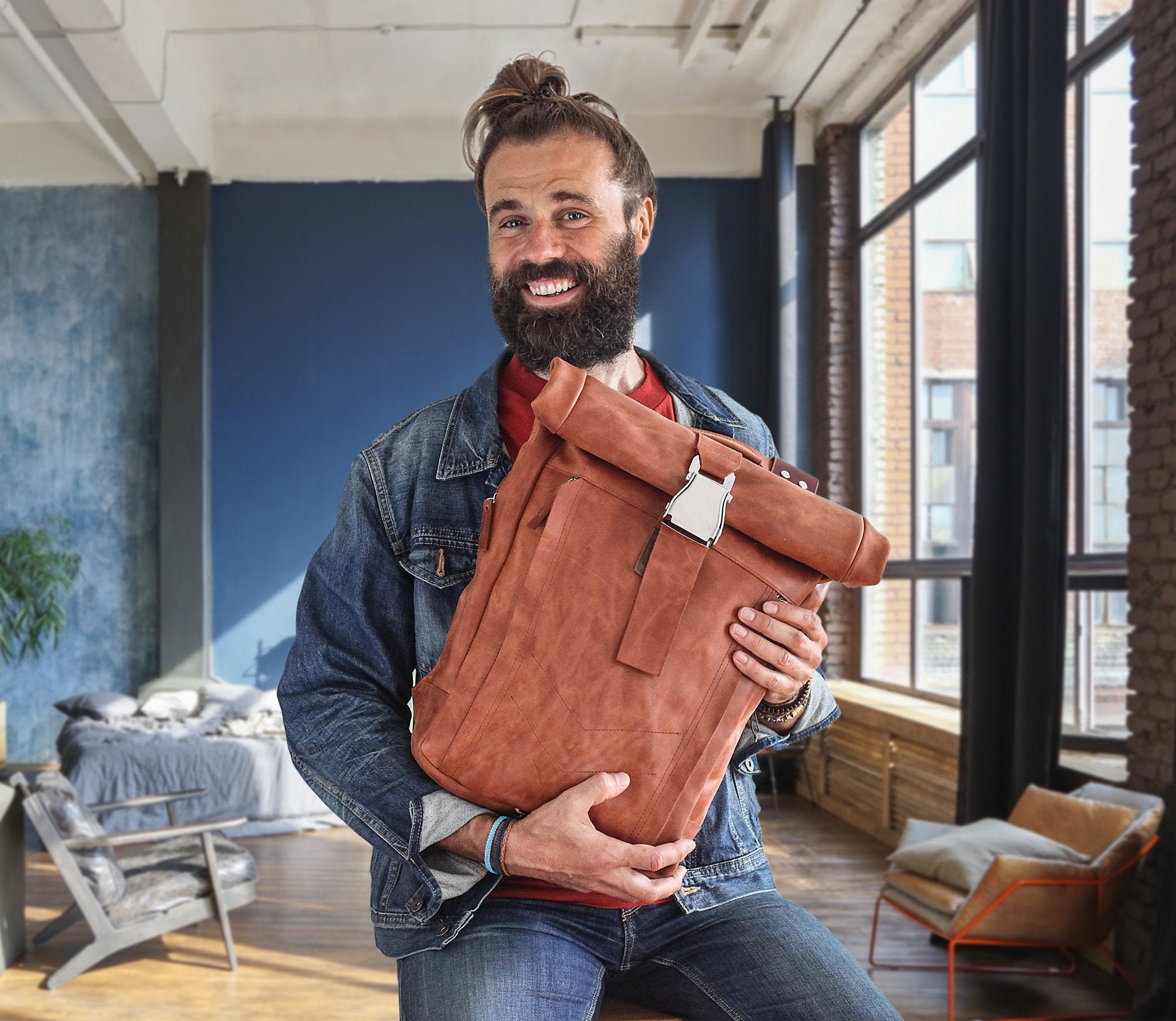 Leather backpack roll top sales