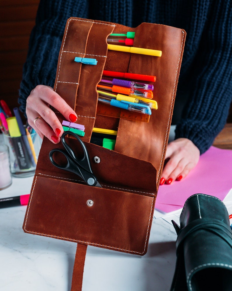 Paint brush holder, Leather artist roll, Leather pen holder image 1