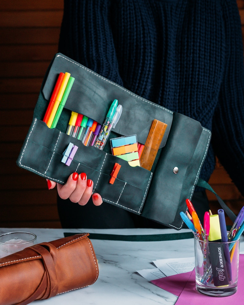 Leather pencil roll, Calligraphy set, Leather pen case image 9