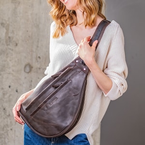 Damen Sling Bag, Brusttasche, Umhängetasche, braune Leder Sling