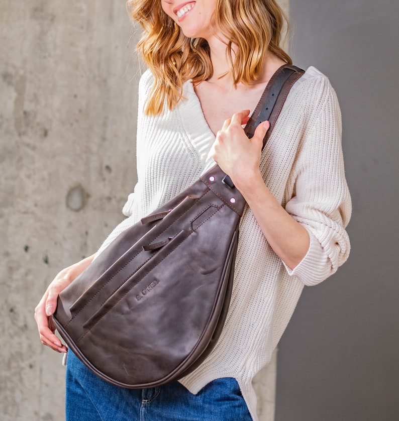 Ladies sling bag, chest bag, shoulder bag, brown leather sling image 1