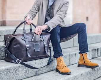Bolso de fin de semana de cuero para hombre, bolso de viaje de cuero