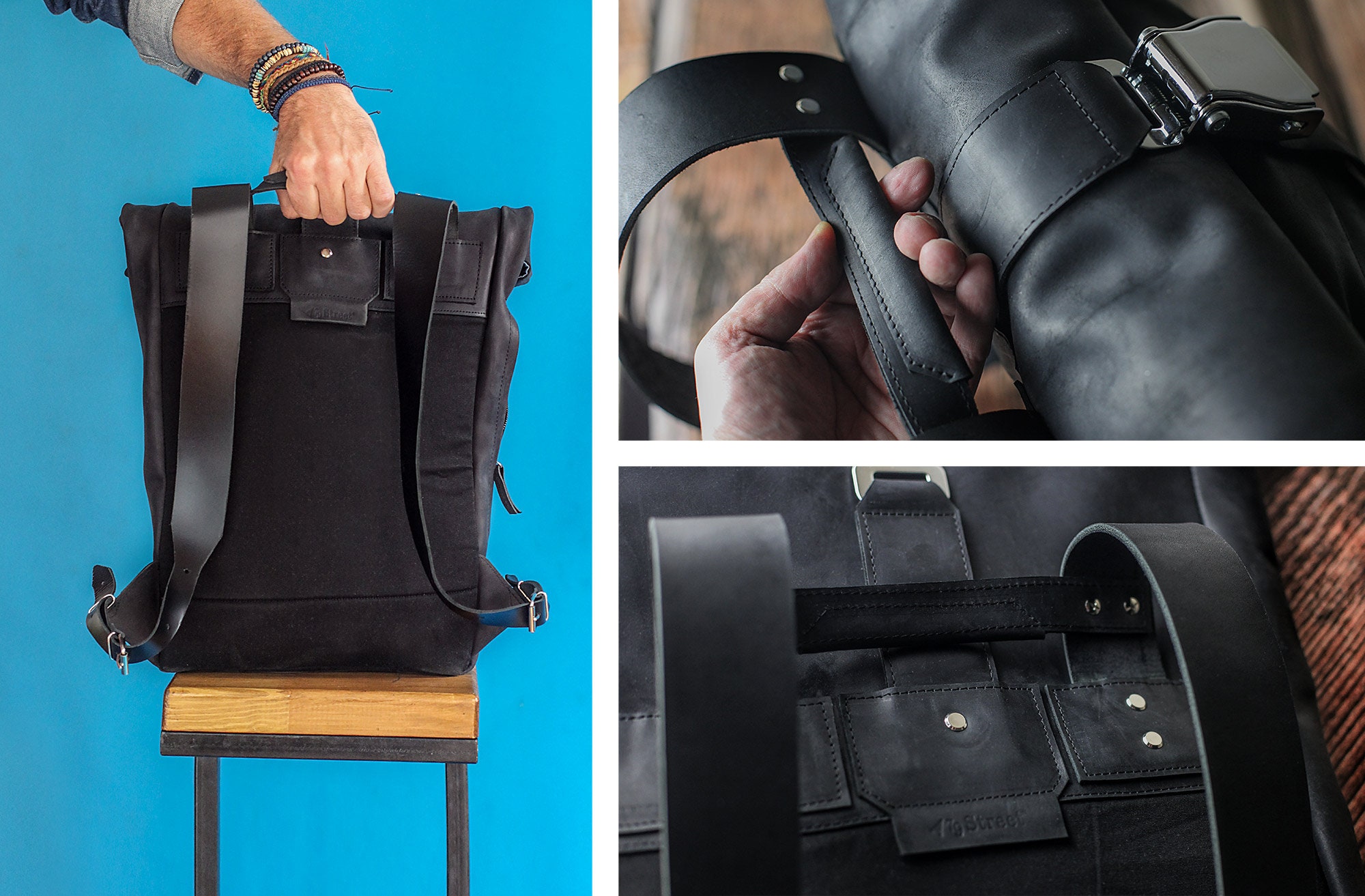 Waterproof Roll Top Backpack Leather Bag Rucksack - Etsy