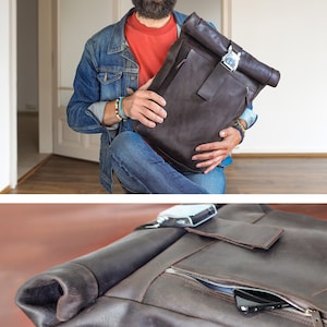 Leather rucksack, Roll top leather backpack with aircraft buckle by 79 street zdjęcie 5