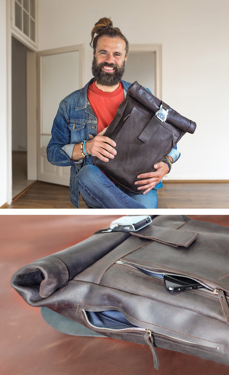 Leather rucksack, Roll top leather backpack with aircraft buckle by 79 street zdjęcie 5