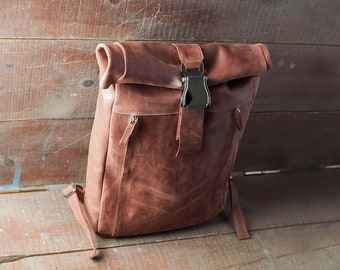 LEATHER BACKPACK rucksack, Roll top bag