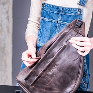 Ladies sling bag, chest bag, shoulder bag, brown leather sling image 7