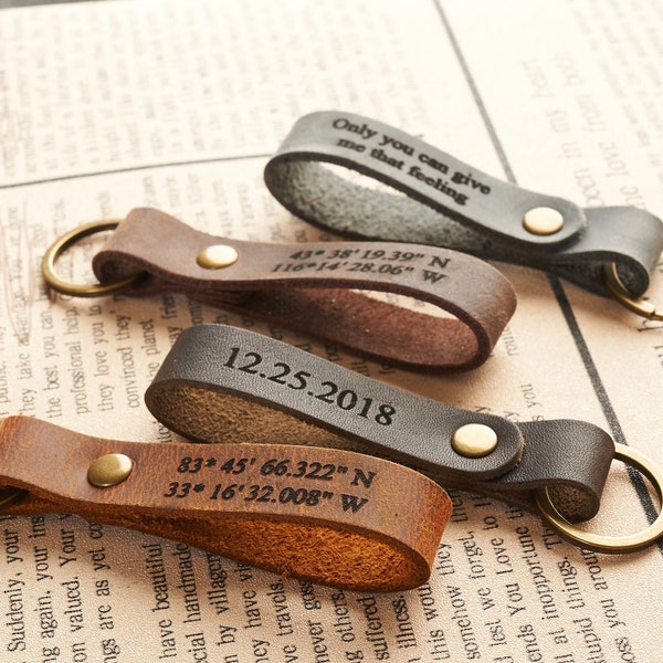Personalized leather keychain Custom Keychain Leather Gift Unique Gift Leather Keyring Mens Gift GPS Coordinate keychain Latitude Longitude