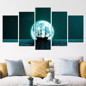 Maanlicht muurkunst decor schip silhouet print abstracte canvas kunst multipanel canvas set hedendaagse canvas print minimalistische poster