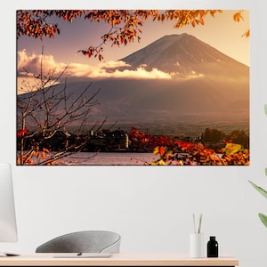 Fuji Autumn leaves canvas print, Mountain landscape photography, Japan art poster, Large wall art decor, Nature modern art panoramic