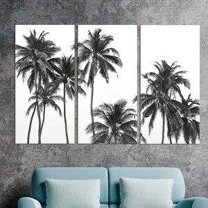 Palm Tree Canvas Wall Art, Black White Jungle Print on Canvas, Tropical Living Room Artwork, Modern Interior Decor, Large Beach Poster