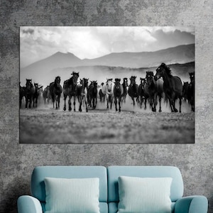 Running Horses Wall Art - Black and white Print on Canvas - Modern Farmhouse Decor - Wildlife Nature - Animal Photo Print - Large Framed Art
