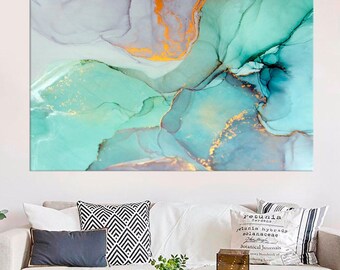 Marble Ink Painted Golden Canvas Gilded Marble Canvas Marble Poster Multi Panel Wall Art Abstract Watercolor Prints Multicolor Modern Art