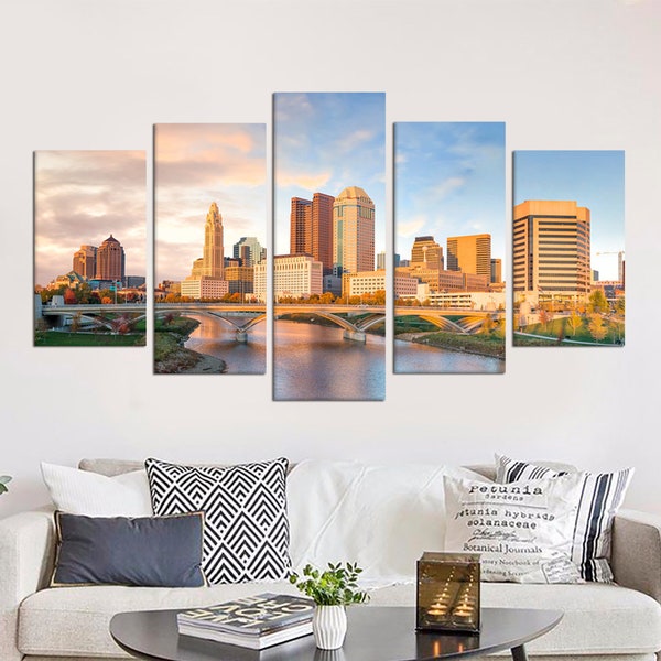 Columbus Ohio Print on Canvas | Skyline Photo Poster Decor | Ohio Photographic Panorama | Living Room Decor Creative Concept Large Wall Art