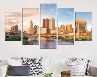 Columbus Ohio Print on Canvas | Skyline Photo Poster Decor | Ohio Photographic Panorama | Living Room Decor Creative Concept Large Wall Art