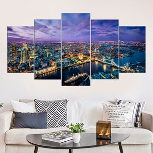 London Skyline at Night Cityscape Canvas Set Panoramic Picture London Painting Cities Houses Big Framed Poster Ready Framed Canvas