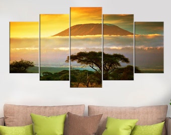 Mount Kilimanjaro Large Wall Art Decor Tree Modern Decor Landscape Photo Sunrise Nature Art Canvas Prints Kilimanjaro Framed Triptych Art