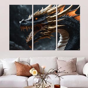 Fire-Breathing Dragon Canvas, Dark Fantasy Art, Black Gold Dragon, Mythical Creature Decor, Epic Dragon Wall Art, Fantasy Canvas Print