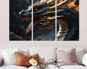 Fire-Breathing Dragon Canvas, Dark Fantasy Art, Black Gold Dragon, Mythical Creature Decor, Epic Dragon Wall Art, Fantasy Canvas Print