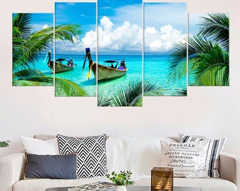 Long Tail Boats Wall Art Decor Azure Ocean Tropical Beach Photography Seascape Canvas Print Nautical Art Large Beach Print Beach Wall Decor