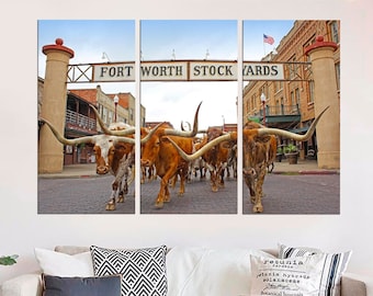 Fort Worth Herd Large Wall Art, Texas  Framed Prints, Longhorn Cattle Canvas Print, Bulls Western Art Decor, Cattle Stockyards Photo