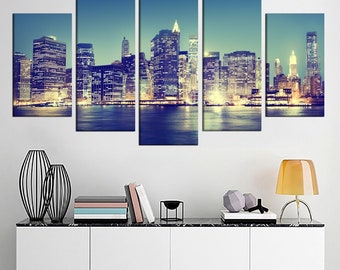New York City Night - stadsgezicht kunstafdruk - canvas met meerdere panelen - stedelijke muurkunst - decor grote muur skyline - ingelijste poster