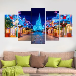 Arte de pared con castillo, decoración de habitación con dibujos animados, impresión de Disney World en lienzo, regalo de Navidad, imágenes modulares, calle principal vacía