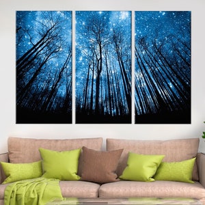 Arte de pared con cielo estrellado en el bosque, vista de paisaje nocturno, decoración de siluetas de árboles para la oficina en casa, impresión en lienzo enmarcada grande