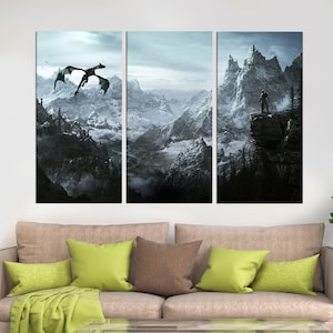 Skyrim Print on Canvas , Multiple Modern Wall Art , The Elder Scrolls Wall Decor , Framed Game Poster , Kids Room Art