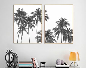 Palm Tree Photography - Black and White Set of 2 Print - Сoastal Tropical Poster Wall Art - Printable Beach Decor - DIGITAL DOWNLOAD