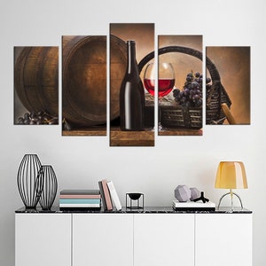 Stampa artistica su tela con botti di rovere per vino - Poster con stampa di cantina - Natura morta per cucina, sala da pranzo - Decorazione su tela con uva - Stampe incorniciate