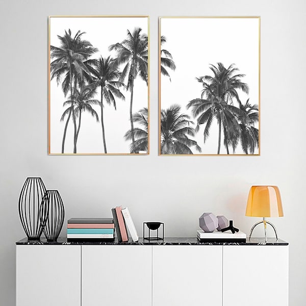 Photographie de palmier - Ensemble noir et blanc de 2 tirages - Сoastal Tropical Poster Wall Art - Printable Beach Decor - TÉLÉCHARGEMENT NUMÉRIQUE