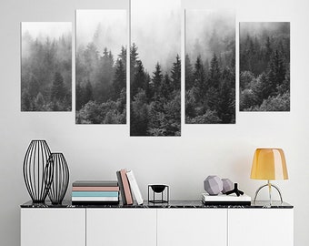 Misty Mountain Black White Canvas Print - Foggy Pine Forest Wall Art - Nordic Landscape - Tree Branches Extra Large Decor -  Framed Prints