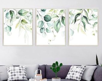 Watercolor green leaves and branches , Set of 3 Botanical Print , Fashion Instant Printable Art , Exotic modern design - DIGITAL DOWNLOAD