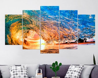 Large Wave Ocean Blue Orange Wall Art Decor Azure Ocean Canvas Print Set Under the Wave Photography Ocean Canvas Art Wave Framed Print Photo