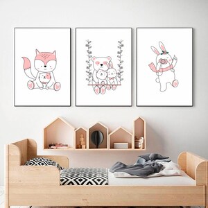 Cute baby animals Kids room poster - Rabbit Fox Bear Animal illustration Cartoon wall art - Nursery wall decor - DIGITAL DOWNLOAD