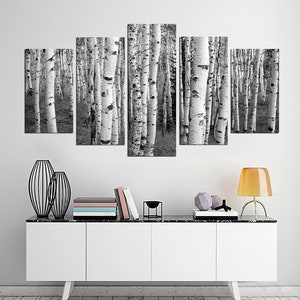 Muurkunst berkenbomen - zwart-wit canvasprint - minimalistische kunst - landschapskunstwerk - muurdecoratie bos - natuurposter