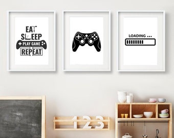 Eat Sleep Game Repeat Gamer Quotes Wall Art - Poster For Kids Room - Born to game Set of 3  - Boys room decor - DIGITAL DOWNLOAD