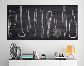 Kitchen Wall Decor, Kitchen Utensils Large Canvas Print, Spoon Knife Fork Kitchen Wall Art, Modern Restaurant Farmhouse Framed Prints