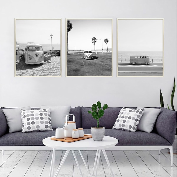 VW Vans Black and White Photo - Classic Vintage Car Set of 3 - Coastal Download & Print - Tropical wall art Modern decor - DIGITAL DOWNLOAD