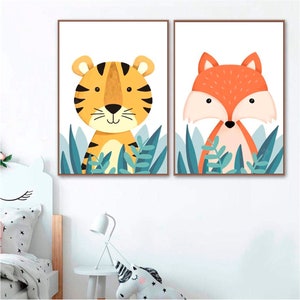 Tiger bear fox kids room print - Animal illustration Cartoon wall art - Nursery wall decor baby shower gift greeting card - DIGITAL DOWNLOAD