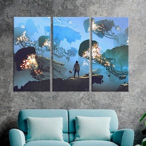 Quallen Fantasy World Abstrakter Druck Psychedelische Kunst Blue Ocean Poster Surreal Leinwanddruck - fertig zum Aufhängen
